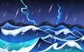 Lightning strike. Sea landscape. Ocean waves. Thunderbolt effect of hitting water. Sky flash. Thunderstorm seascape Royalty Free Stock Photo