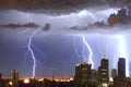 Lightning strikes the buildings in the city