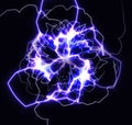 Lightning strikes or flash, neural network close up, violet fractal background, magic rays, energy storm, electricity Royalty Free Stock Photo