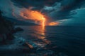 Lightning strikes the ground from thunderclouds over the sea Royalty Free Stock Photo