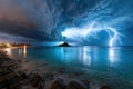 Tropical beach thunderstorm with lightning strikes Royalty Free Stock Photo