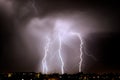 Lightning strikes at night during a severe thunderstorm over the city of Mendoza, Argentina. Royalty Free Stock Photo