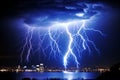 lightning strikes over a city at night