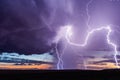 Lightning strikes from a storm at sunset.