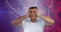 Lightning strikes and stressed man with headache holding head