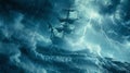 Lightning strikes and thunder booms as a ship helplessly bobs in the midst of a violent storm its crew fearing for their