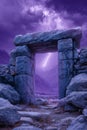 Lightning striking behind ancient ruins gate in a mountain valley Royalty Free Stock Photo