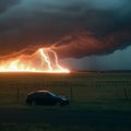 Lightning struck a field, the grass caught fire, a car is standing nearby, a thunderstorm, night, a dangerous situation,