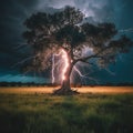 Lightning struck a large lonely tree in a field, thunderstorm, night, dangerous situation, dangerous natural phenomenon, incident