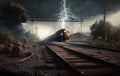 Lightning Struck Railroad Tracks Realistic. Generative AI