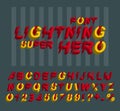 Lightning Super hero font. 3D alphabet letters and numbers in a comics style.