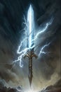 lightning sword, which crackles with energy and can strike foes with bolts of lightning. AI generation Royalty Free Stock Photo