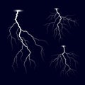 Lightning. Thunder storm lightnings set. Bright light effects. Vector Illustration isolated on dark background Royalty Free Stock Photo