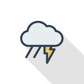 Lightning, thunder storm, rain and cloud thin line flat color icon. Linear vector symbol. Colorful long shadow design. Royalty Free Stock Photo