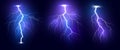 Lightning. Thunder storm realistic lightnings set. Magic and bright light effects. Vector Illustration isolated on dark background