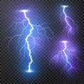 Lightning. Thunder storm realistic lightnings set. Magic and bright light effects. Vector Illustration isolated on transparent Royalty Free Stock Photo