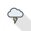 Lightning, thunderstorm cloud, weather thin line flat color icon. Linear vector symbol. Colorful long shadow design. Royalty Free Stock Photo