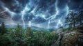 Lightning thunderstorm flash in the mountains and forest.