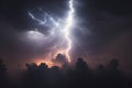 Lightning thunderstorm flash over the night sky. Concept on topic weather, cataclysms, ai generative Royalty Free Stock Photo