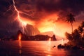 Lightning thunderstorm flash over the night sky. Lightning storm concept over tropical island Royalty Free Stock Photo