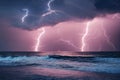 Lightning and thunderstorm supercell flash over seascape natural disaster fantasy wallpaper. Massive tornado cataclysms