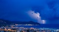 Lightning and thunderstorm on the Tigullio Gulf - Ligurian sea - Chiavari - Italy Royalty Free Stock Photo