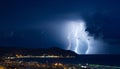 Lightning and thunderstorm on the Tigullio Gulf - Ligurian sea - Chiavari - Italy Royalty Free Stock Photo