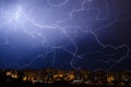 Lightning during thunderstorm in urban area at night