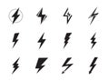 Lightning vector set. Voltage, electricity and power signs or thunder, flash light, power electric thunderbolt isolated on white Royalty Free Stock Photo