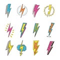 Lightnings color cartoon retro vector illustrations set