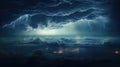 Lightnings in dark cloudy sky during thunderstorm over a night city