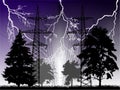 Lightnings and high-voltage line at night Royalty Free Stock Photo