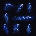 Lightnings realistic. Thunder light sparks, storm flash, thunderstorm blitz. Power energy charge, electric voltage symbols, blue