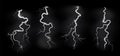 Lightnings storm. Realistic blitz electric sky lightning on black background with power strike effects. White glowing
