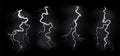 Lightnings storm. Realistic blitz electric sky lightning on black background with power strike effects. White glowing thunder