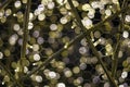 Lights attached to an iron wire fence. Bokeh lights in background