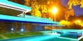 Lights of the autumn park on the territory of the contemporary mansion specially designed for elite client. 3d rendering