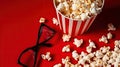 Lights, Camera, Action, A Vibrant Red Backdrop for a Fun Movie Night Concept with Popcorn and Glasses. Generative AI Royalty Free Stock Photo