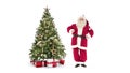 Lights decorated xmas tree with gift boxes and Santa Claus happy dancing on white background with text space to place