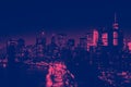 Lights Of The Downtown Manhattan Skyline At Night In New York City With Pink And Blue Duotone Colors