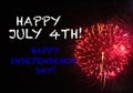 Lights and fireworks background for the 4th of july USA independence day celebration with a greeting in white blue letters Royalty Free Stock Photo