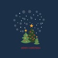 Lights green shiny Christmas tree with a golden glowing star on top and snow on dark blue background. Holiday celebration. Bright Royalty Free Stock Photo