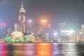 Lights of Hong Kong commercial skyline reflected on calm water o