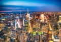 Lights of Manhattan at night, aerial view of New York City Royalty Free Stock Photo