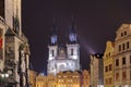 Lights of night in Prague. Landmark attraction: the Gothic Church of Our Lady before Tyn and the Astronomical Clock Royalty Free Stock Photo