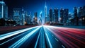 lights at night with streaks of red and blue light from traffic on a highway in the foreground