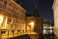 Lights on the parliament building named Binnenhof at the hofvijver in the city center of the Hague in the Netherlands. The tower i Royalty Free Stock Photo