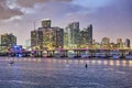 Lights of Port Boulevard Bridge in Miami with city night skyline, Florida Royalty Free Stock Photo