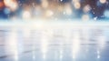 Lights reflecting on the surface of the ice. Closeup of the skating rink. Festive background, Abstract ice texture. Generative AI Royalty Free Stock Photo