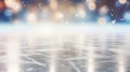 Lights reflecting on the surface of the ice with skate marks. Closeup of the skating rink. Festive background. Generative AI Royalty Free Stock Photo